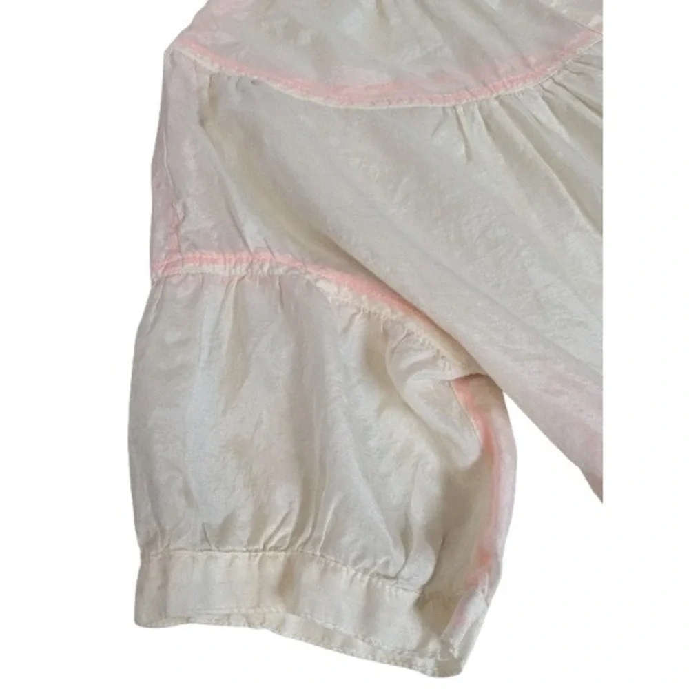 J. Crew Ivory Silk Cotton Babydoll Blouse Pink Trim Puff Sleeve Sz 0